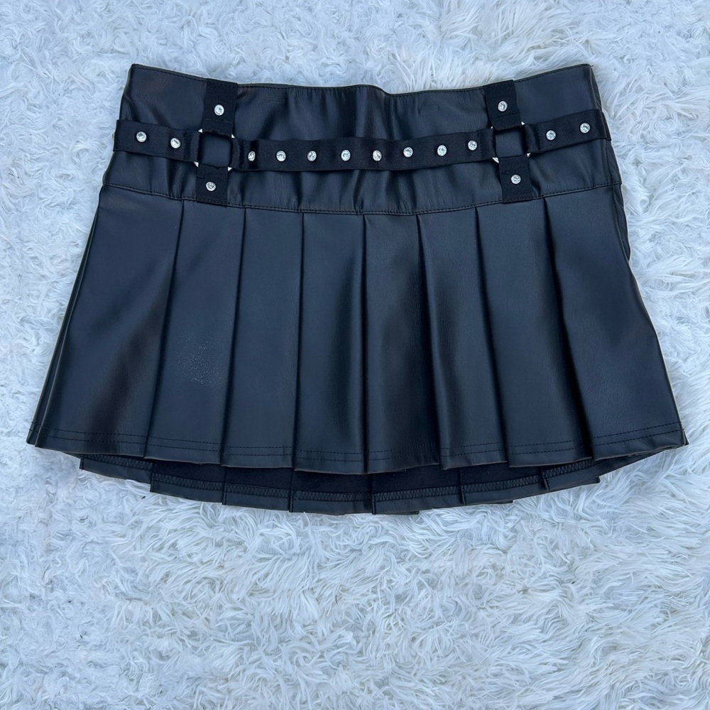 Dolls Kill Black Mini Skater Skirt with Pleats and Embellishments for Night Out
